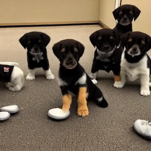 Prompt: a picture from a reporter covering the first ever meeting of the puppy senate, featuring puppies dressed in suits