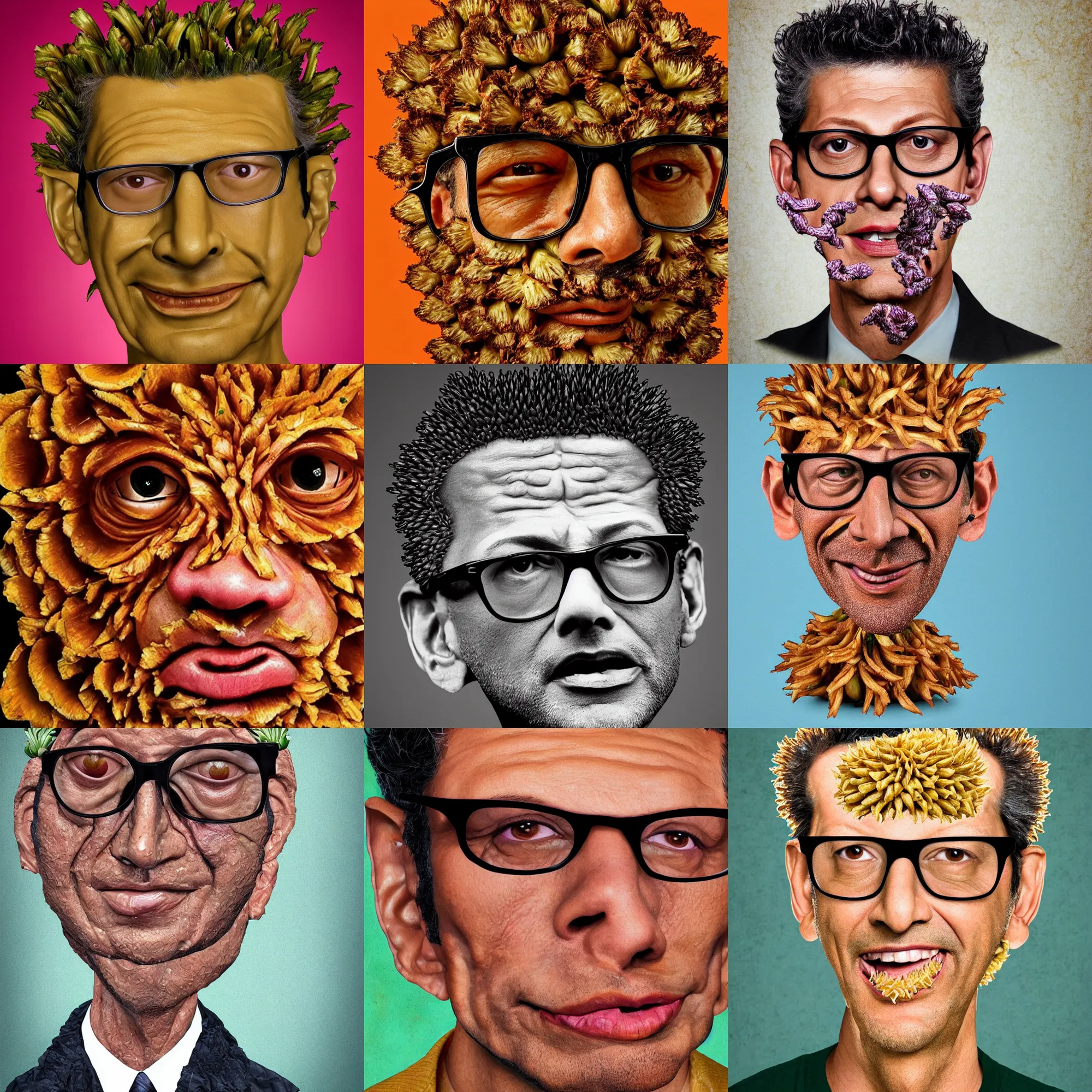 Prompt: face made of blooming onion made of jeff goldblum, high detail portrait photo