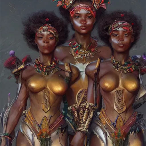 Image similar to beautiful Zulu goddesses holding hands, focused, worried, highly detailed, artstation, concept art, sharp, illustration, art by Edgar Maxence and Ross Tran and Michael Whelan