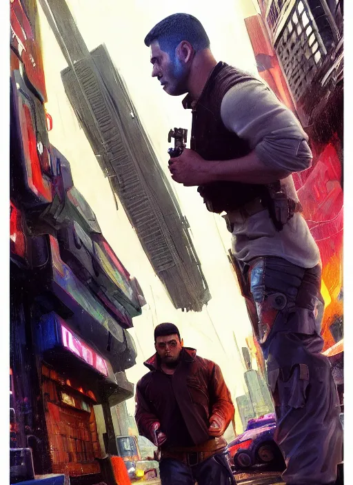 Prompt: bob looms over javier. cyberpunk meathead bob tries to intimidate cyberpunk police detective javier. ( blade runner 2 0 4 9, dystopian, cyberpunk 2 0 7 7 character design ). attractive face. epic painting by james gurney and laurie greasley, oil on canvas. cinematic, hyper realism, realistic proportions, anatomy, dramatic lighting, high detail 4 k