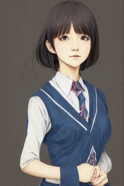 Prompt: realistic character portrait of Minami Hamabe in Japanese school uniform, hair cut in a bob, highly detailed, digital painting, artstation, upper body, concept art, smooth, sharp focus, illustration, art by artgerm and greg rutkowski and alphonse mucha