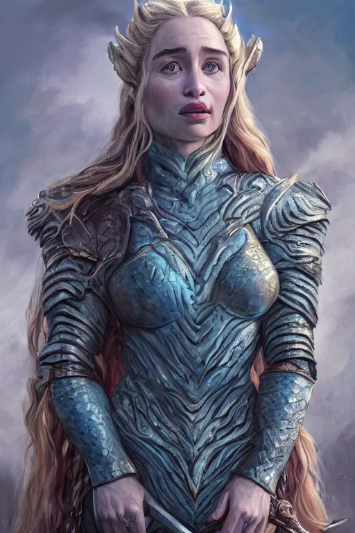 Image similar to A fantasy comic book style portrait painting of, hybrid, Emilia Clarke, Sophie Turner, as an Atlantean, Reptilian Warrior, Mystical Valkyrie, Armor, Sword, Archer Bow, Spear, Sheild, François Boucher, Oil Painting, unreal 5, DAZ, hyperrealistic, octane render, Regal, Refined, Detailed Digital Art, RPG portrait, Michael Cheval, William-Adolphe Bouguereau, Walt Disney (1937), Steampunk, dynamic lighting, Highly Detailed, Cinematic Lighting, Unreal Engine, 8k, HD