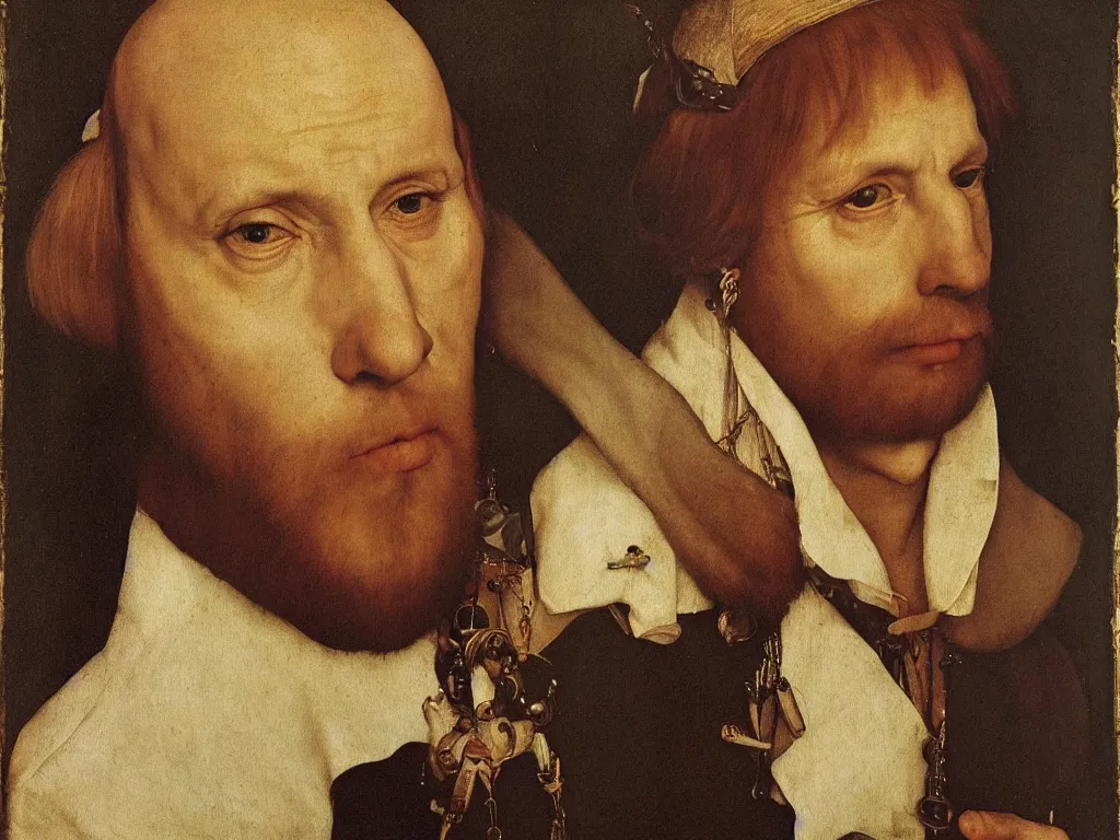 Image similar to portrait of a charming but deranged cult leader. Painting by Hans Holbein, August Sander