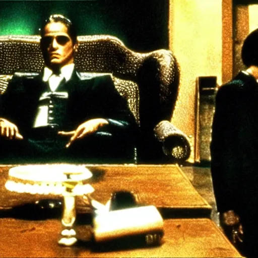 Image similar to the godfather, still from movie the matrix