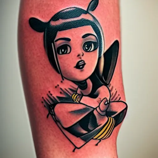 Image similar to a detailed tattoo of large fork in the style of bee movie on a female leg, wearing cute crimson - black bee - themed miniskirt, cinematic seductive lighting, beautiful composition