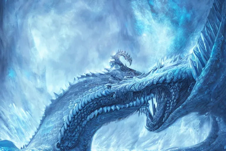 Image similar to frozen dragon in a giant throne of ice, mystical, digital painting, mixed media, trending on artstation and deviantart, epic composition, highly detailed, 8 k