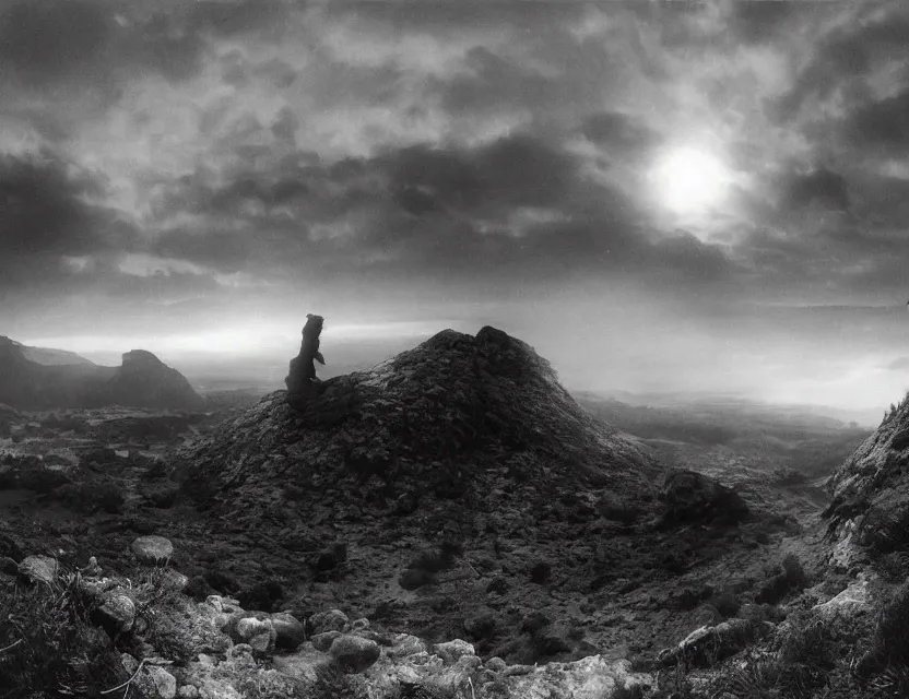 Image similar to wanderer, eerie, greek fantasy panorama, a magnificent lizard ghost giant above the magic shining river styx, at night, otherworldly, ghost giant above the horizon, stanley kubrick, 1 7 mm, wide shot, surreal, deep