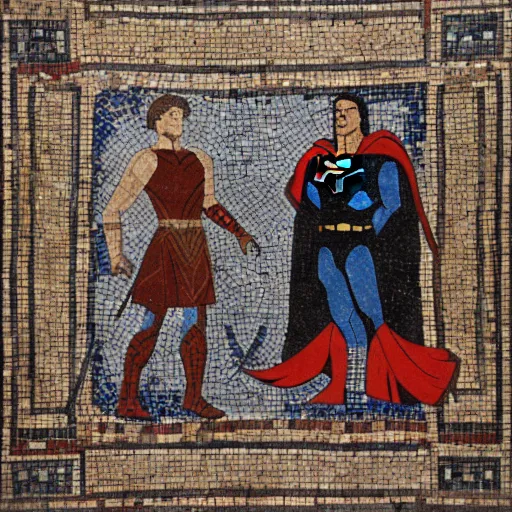 Image similar to beautiful roman mosaic of batman vs superman, rome, 1 0 0 ad