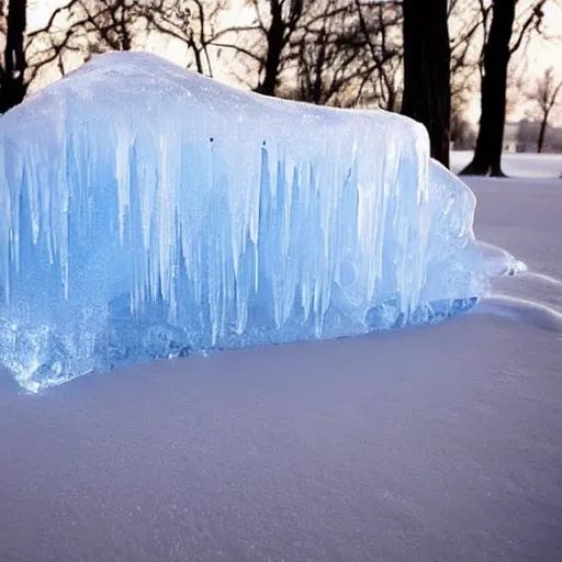 Prompt: a living room, frozen, covered completely in ice