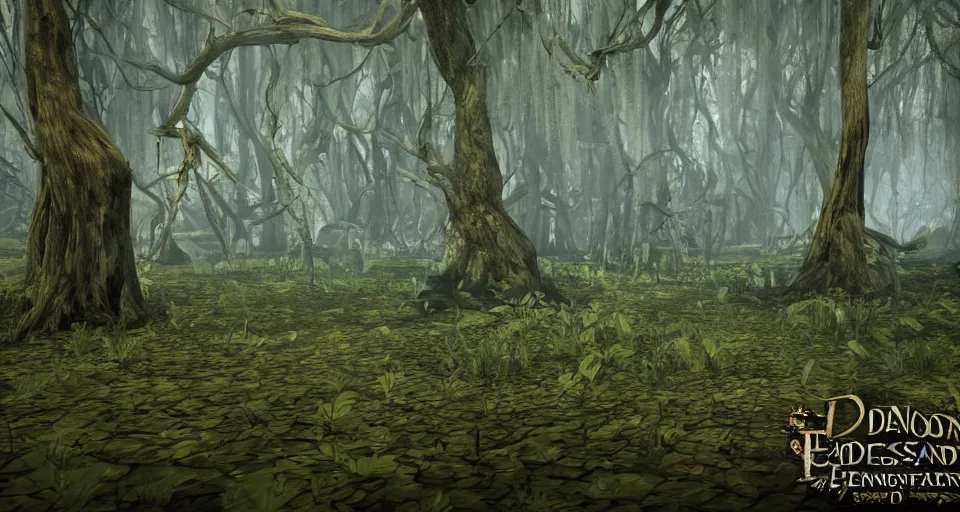 Image similar to A dense and dark enchanted forest with a swamp, from NCSOFT