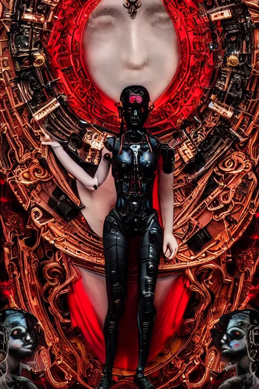 Image similar to full-body cyberpunk style sculpture of a young beautiful dark priestess, half android with a head opening exposing circuitry, glowing red eyes, black roses, flowing blood-red colored silk, fabric, candles, baroque elements, human skulls. full-length view. baroque element. intricate artwork by Caravaggio. crows flying in background. Trending on artstation. cinematic lighting from the right. hyper realism, octane render, 8k, depth of field, 3D