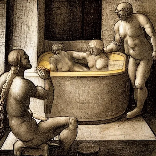 Image similar to sketches from leonardo da vinci's notebook about a hot tub