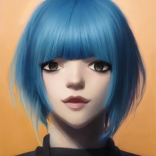 Image similar to profile shot of rimuru tempest, sky blue hair, straight hair, pretty, long bangs, amber eyes, all black jacket with white stripes, high collar, highly detailed, unreal engine 5, color block, digital painting, concept art, cinematic, wlop | artgerm, pixiv, greg rutkowski, ilya kuvshinov, andy warhol