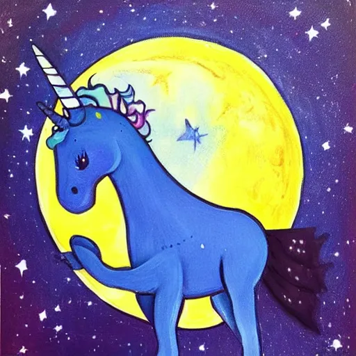 Image similar to A lonely dark-blue unicorn with wings sits on the moon's surface 🎨🖌️