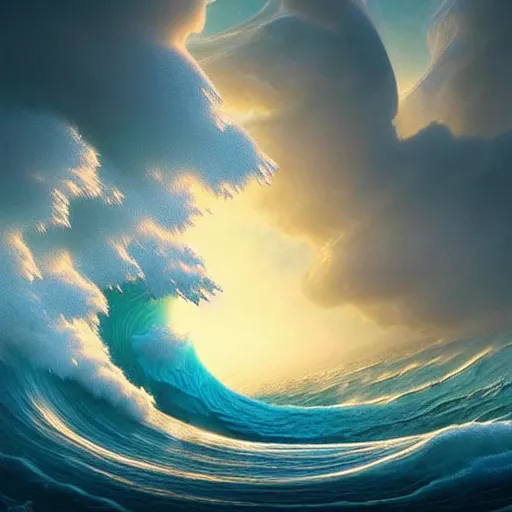 Prompt: beautiful digital fantasy illustration of a a giant wave in the sky, a detailed matte painting by Dan Luvisi, highly detailed, soft lighting, rendered in octane, masterpiece, very very very aesthetic, exquisite marble details!!!