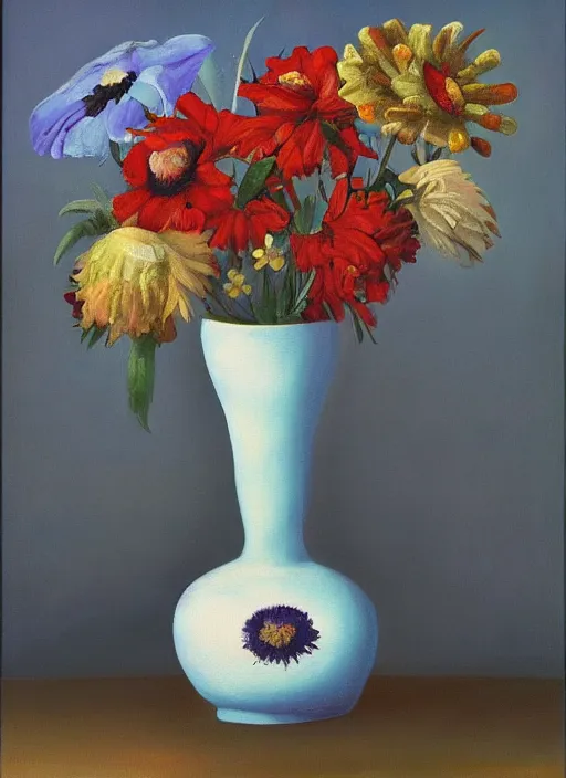 Prompt: a painting of a vase with flowers in it, a surrealist painting by Bridget Bate Tichenor, featured on deviantart, metaphysical painting, oil on canvas, acrylic art, airbrush art