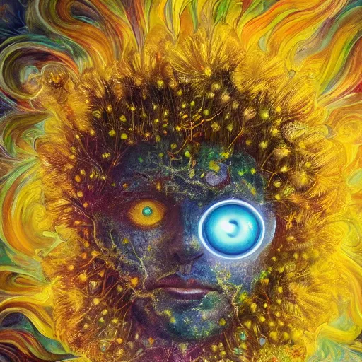 Prompt: portrait oil painting, abstract expression, astral energy, dimensional consciousness, fantastical, ultra realistic, dandelion in a symbiosis with a plant monster at night, glowing eyes, amber, intricate details, artefacts, luminous skies, transparent brain, highly detail