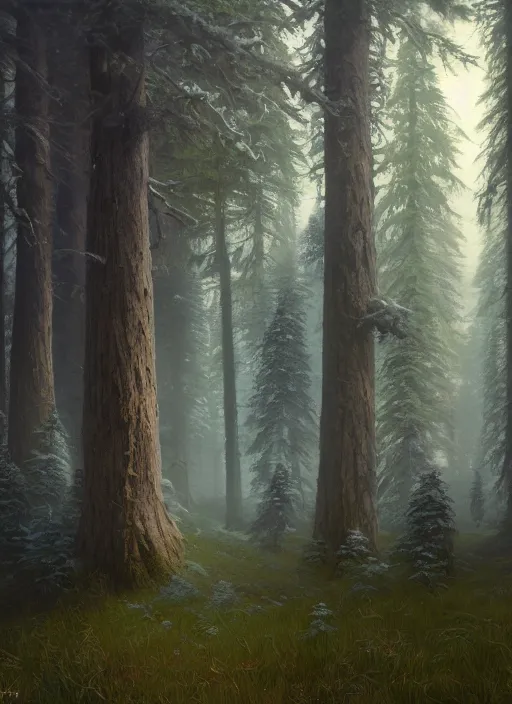 Prompt: surreal coniferous forest taiga blizzard, extremely detailed oil painting, unreal 5 render, rhads, sargent and leyendecker, savrasov levitan polenov, bruce pennington, studio ghibli, tim hildebrandt, digital art, landscape painting, octane render, beautiful composition, trending on artstation, award winning photograph, masterpiece