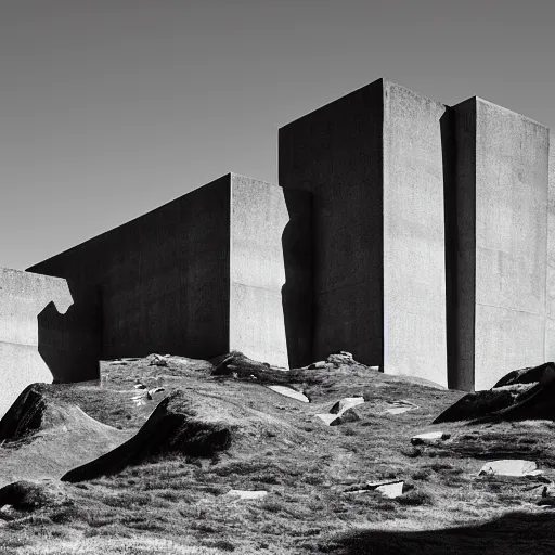 Image similar to black and white photograph of an intimidating and mysterious brutalist cathedral built into the side of a Himalayan mountain at a high elevation, designed by I.M. Pei and Giger, cinematic lighting, dramatic masterpiece