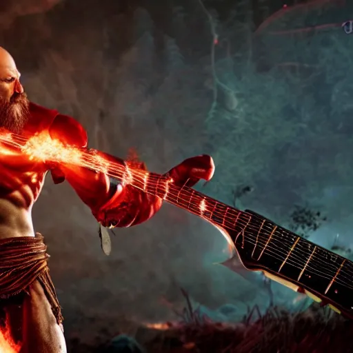 Prompt: kratos shredding on a flaming stratocaster guitar, cinematic render, god of war 2 0 1 8, santa monica studio official media, lightning, spartan rage, red stripe eye