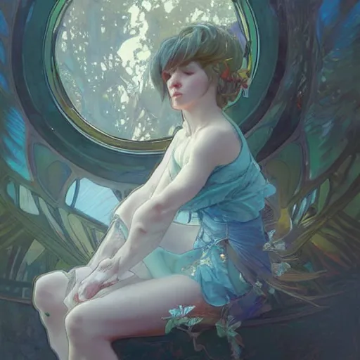 Prompt: A pouting fairy sitting in a jar, digital painting, detailed, artstation, Krenz Cushart, Greg Rutkowski, Alphonse Mucha, Artgerm