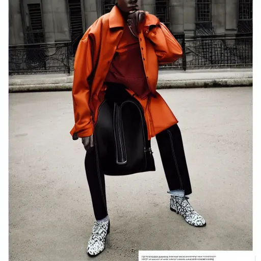 Image similar to realistic photoshooting for a new balenciaga lookbook color film photography of a beautiful woman model, model wears a workwear jacket, photo in style of tyler mitchell, ssense