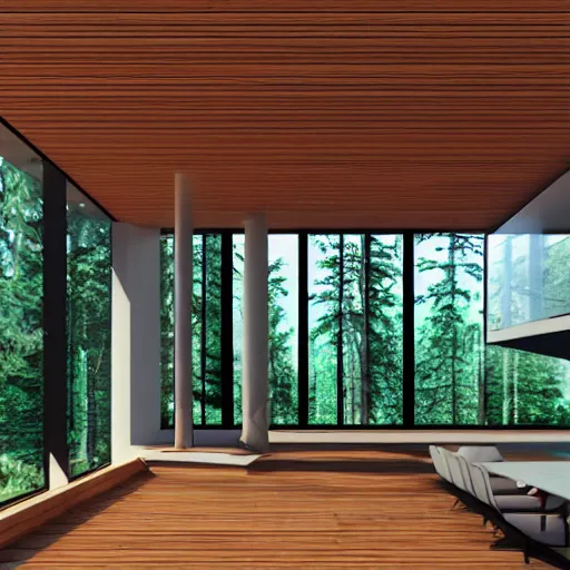 Image similar to a modern house in the woods. the house is the shape of a mobius strip with large picture windows. there are pine trees all around. digital art, 3 d render.