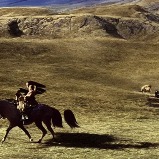 Image similar to still from lord of the rings showing the ride of the rohirrim, riding toward minas tirith on alpacas