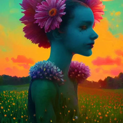 Image similar to girl with a giant daisy head, surreal photography, flower field, sunset dramatic light, impressionist painting, colorful clouds, blue sky, digital painting, artstation, simon stalenhag