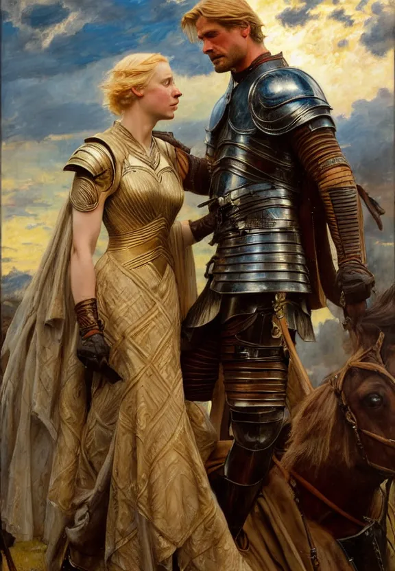 Image similar to attractive fully clothed jaime lannister confesses his love for attractive fully clothed armored brienne of tarth. highly detailed painting by gaston bussiere and j. c. leyendecker 8 k