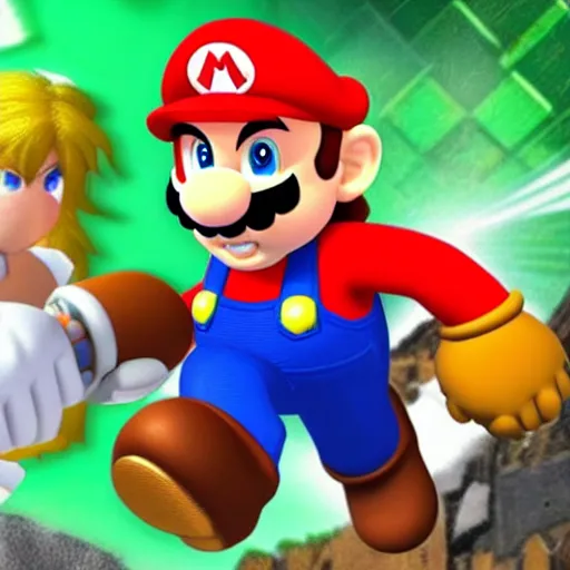 Prompt: mario standing next to link who is riding on samus's shoulders
