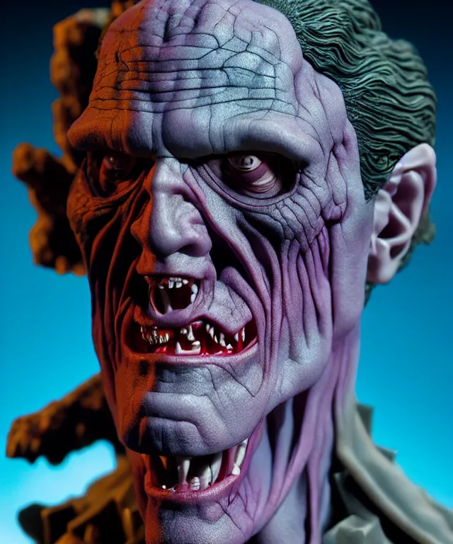 Image similar to hyperrealistic rendering, frankenstein, by art of skinner and richard corben and jeff easley, product photography, action figure, sofubi, studio lighting, colored gels