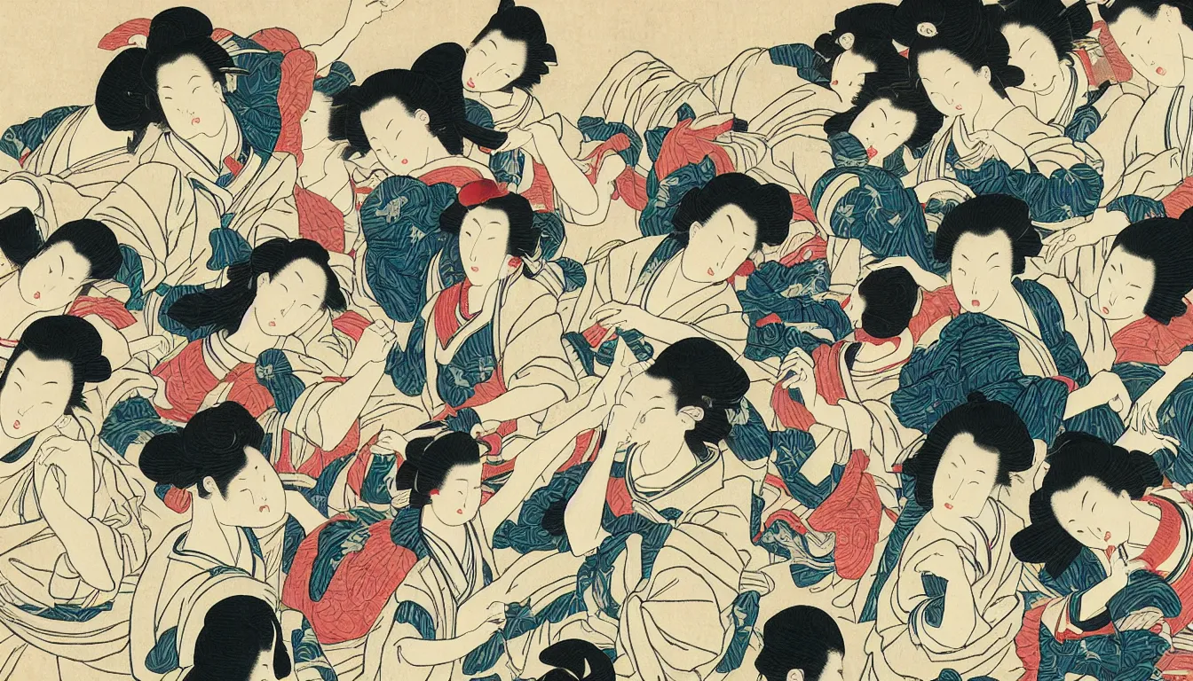 Image similar to dance party, close up, by hokusai