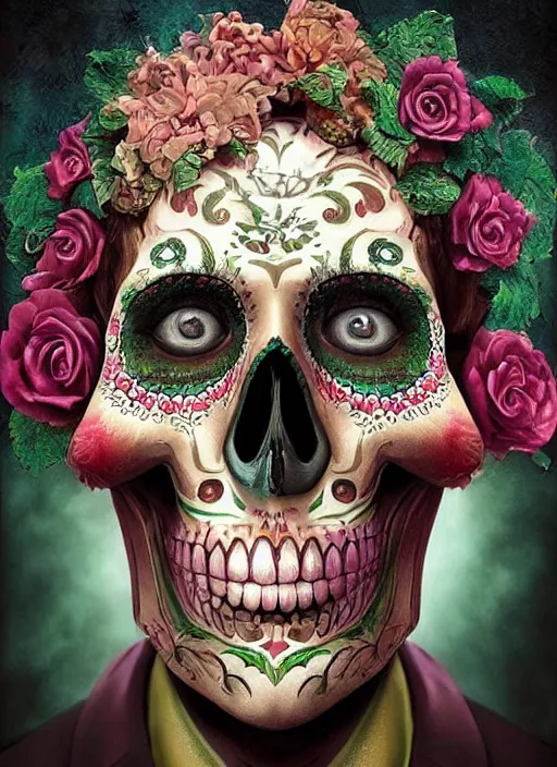 Image similar to dia de los muertos hombre theme surrealist art in the styles of igor morski, jim warren, and a tim burton film, intricate, hyperrealistic, accurate facial details, profile picture with chromakey!!!!! background, volumetric lighting