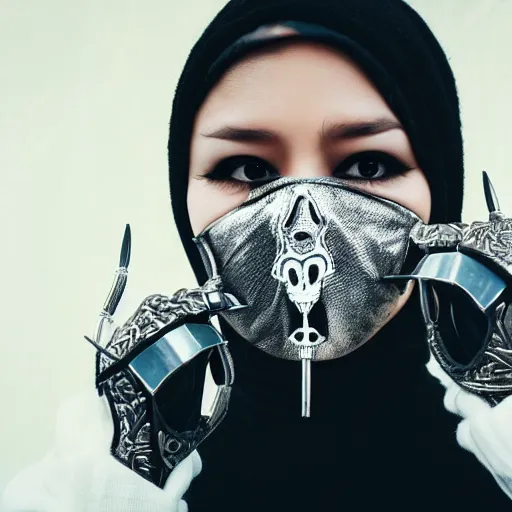 Image similar to very cool girl brilliant silver hair girl with a skull shaped ballistic face mask streetwear techwear cyberpunk style outfit full body nose piercing detailed portrait intricate comp