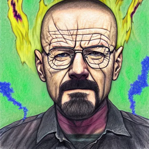 Image similar to walter white covered in acid smoke, colored pencil drawing