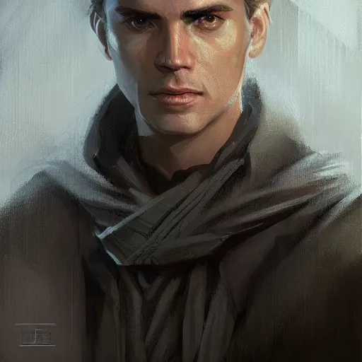 Prompt: portrait of a man by greg rutkowski, jedi knight anakin fel, short black hair, star wars expanded universe, he is about 3 0 years old, wearing the tactical gear of the galactic alliance, highly detailed portrait, digital painting, artstation, concept art, smooth, sharp foccus ilustration, artstation hq