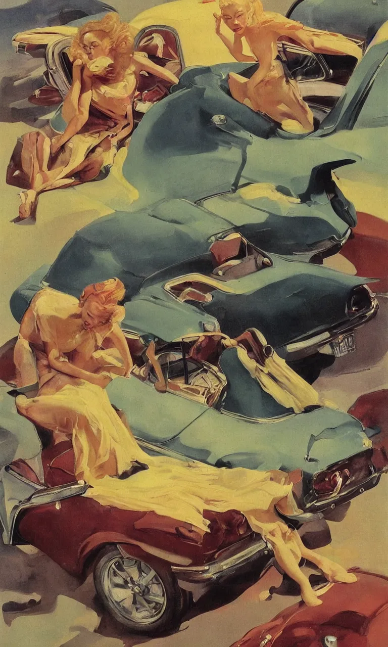 Prompt: 1950s blonde driving Ford mustang on the Swedish countryside. oil on canvas. in the style of Francis Bacon and Zdzislaw Beksinski, Edward Hopper and Norman Rockwell, highly detailed, very coherent, triadic color scheme, airbrush, very coherent, triadic color scheme, art by Takato Yamamoto and James Jean