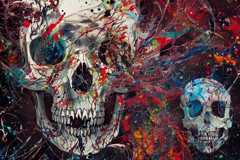 Image similar to a splattered action painting by jackson pollock showing a skull, ultradetailed, fine art painting, peter mohrbacher, moebius, skull carving, frottage, watercolor, acrylic, multilayered paint, spectacular splatter explosion, psychedelic art