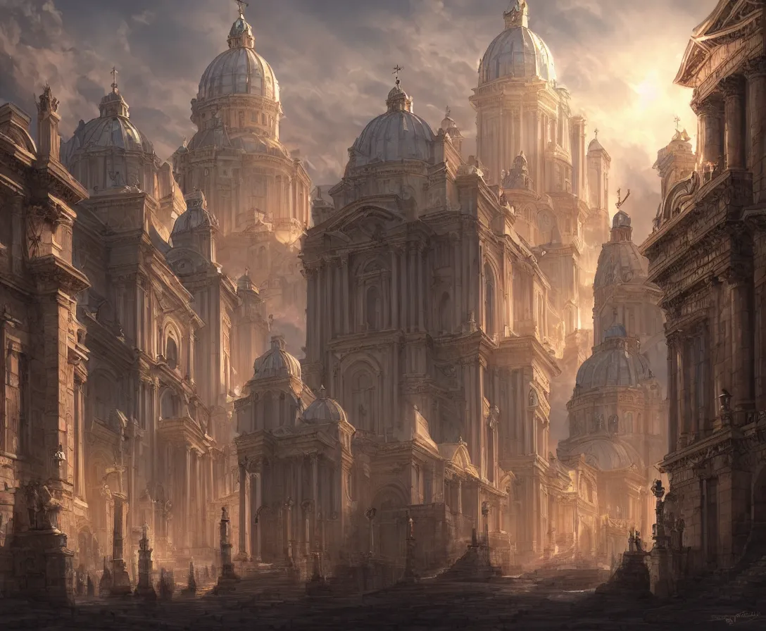 Prompt: highly detailed concept art of authoritarian pearly white medieval city, roman architecture with religious iconography, sunbeams, digital painting, fantasy, d & d, beautiful, illustration