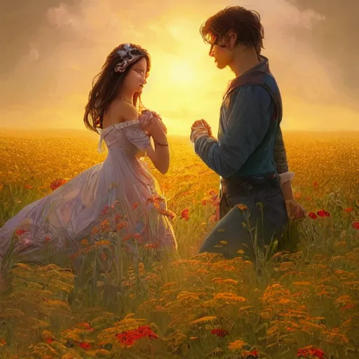 Image similar to long distance shot of a young couple hugging each other in a flower field at sundown, D&D, fantasy, intricate, elegant, highly detailed, digital painting, artstation, concept art, matte, sharp focus, illustration, hearthstone, art by Artgerm and Greg Rutkowski and Alphonse Mucha