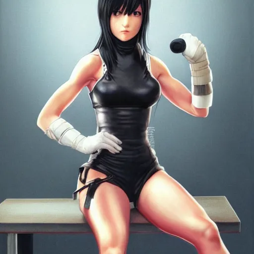 Prompt: 8K photorealistic Portrait of Tifa Lockhart sitting on a chair, intricate upper body, whole body, highly detailed, digital painting, artstation, concept art, smooth, sharp focus, illustration, art by Hajime Sorayama