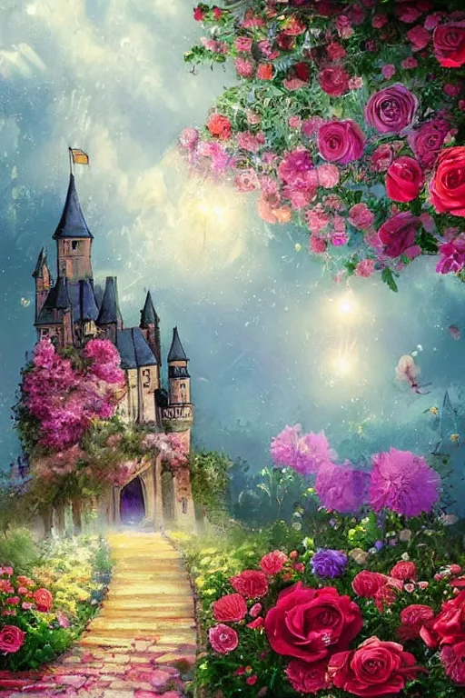 Image similar to Beautiful dream pictures, castle, roses, flowers, trending on art station