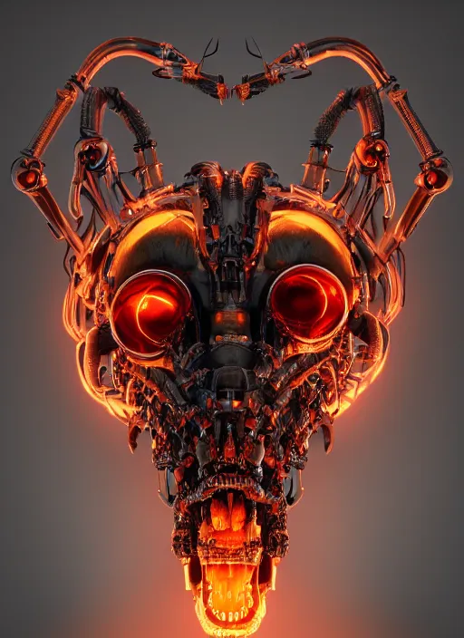 Image similar to a portrait up of a creepy looking biomechanical animal head, gigeresque cyberpunk art by ikuo hirayama, photorealism, octane render, behance hd, polycount, glowing fire background