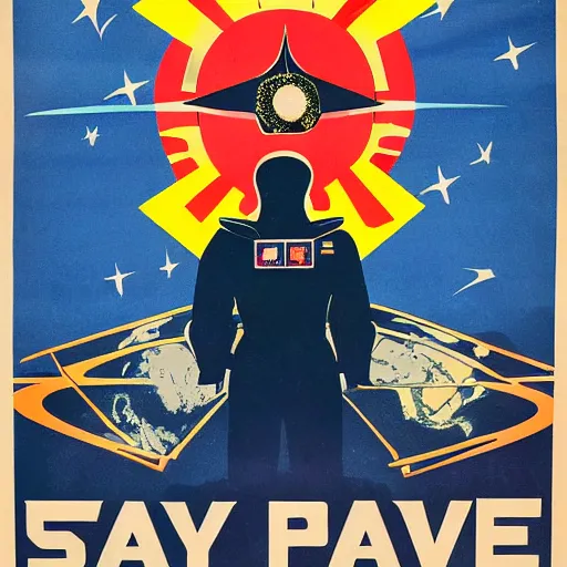 Prompt: space travel poster in style of ww 2 propaganda poster