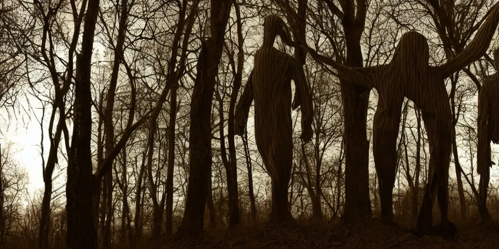 Prompt: tall scary figures standing in the dark woods at night