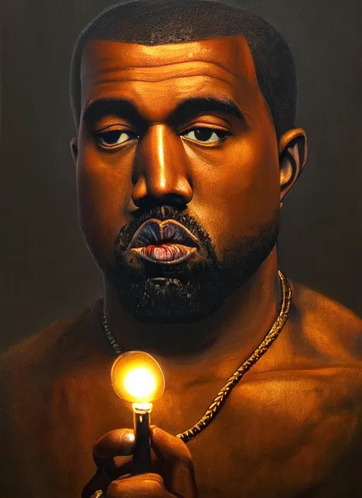 Prompt: realistic oil painting of kanye west holding a torch, detailed, by rembrandt van rijn, lisa frank, hr giger, beksinski, anato finnstark!!, 8 k resolution, beautiful lighting, studio light, extremely detailed, establishing shot, realistic materials, hyperrealistic