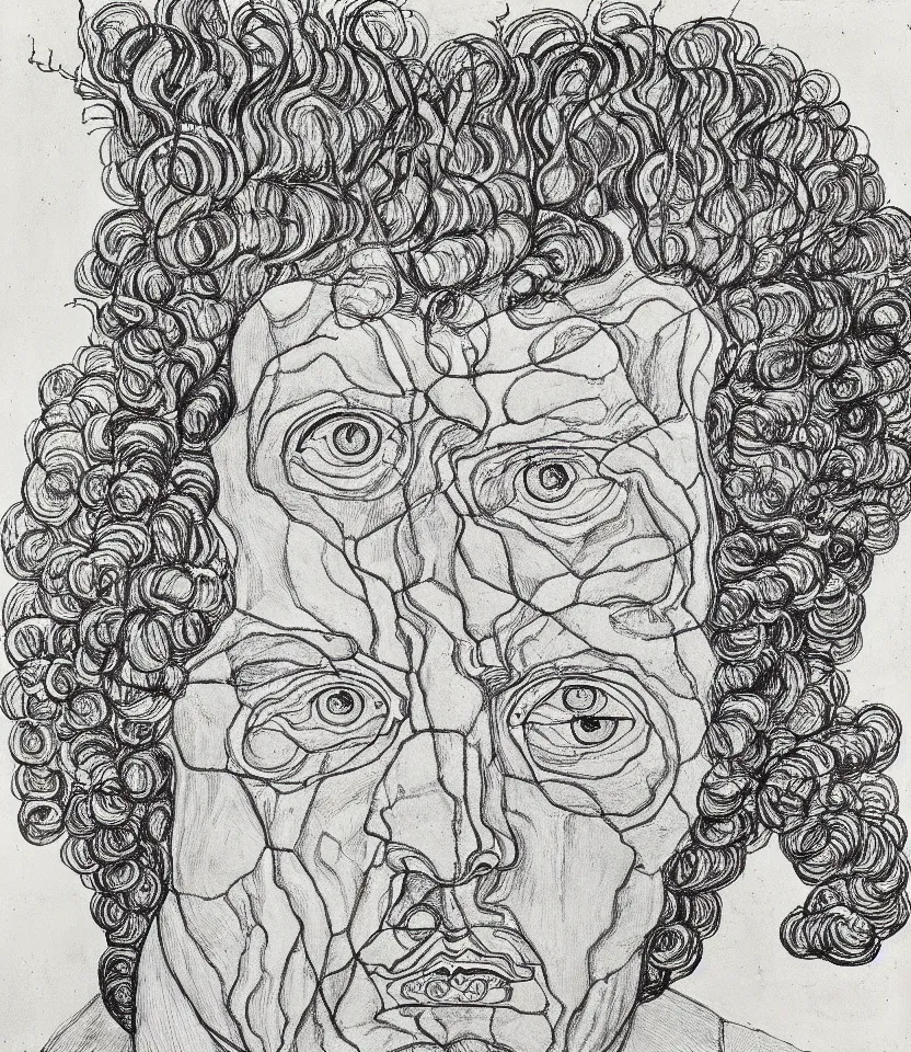 Image similar to detailed line art portrait of william blake, inspired by egon schiele. caricatural, minimalist, bold contour lines, musicality, soft twirls curls and curves, confident personality, raw emotion