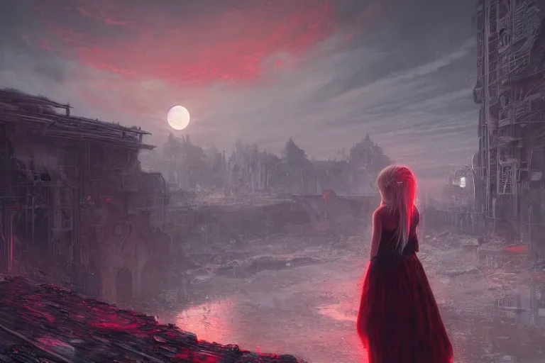 Prompt: a beautiful illustration of a lonely girl against the background of a ruined city and a red moon, artstation, by Frederik Heyman, sophisticated, Unreal engine, dystopia, anti-utopia, post processing, nostalgic melancholic artwork