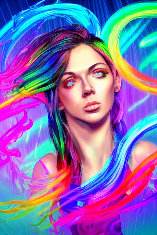 Prompt: a award winning half body portrait of a beautiful woman with stunning eyes in a croptop and cargo pants with rainbow colored ombre hairstyle head in motion and hair flying by thomas danthony, surrounded by whirling illuminated liquids and lines, outrun, vaporware, shaded flat illustration, digital art, trending on artstation, highly detailed, fine detail, intricate